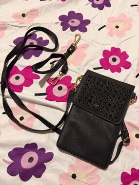 Black Women's Crossbody Phone Bag - Laser-Cut Flap